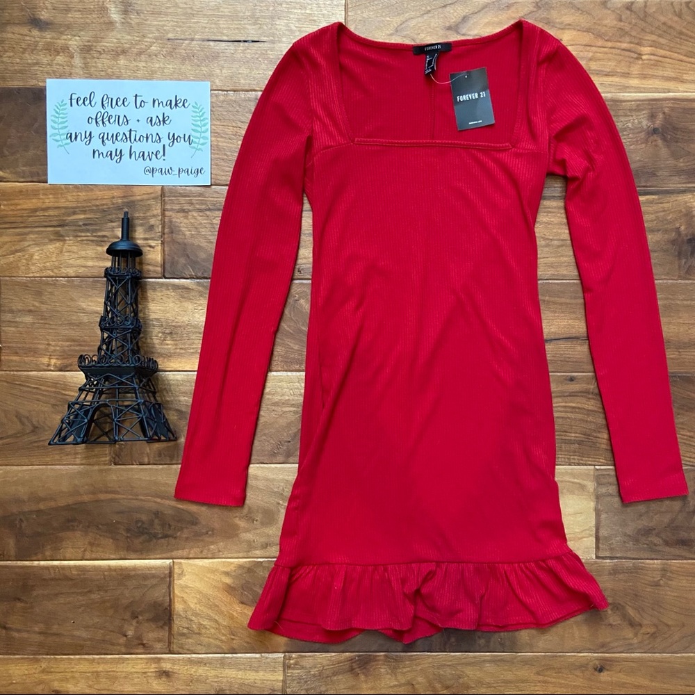 Red Ruffle Long Sleeved Sweater Dress